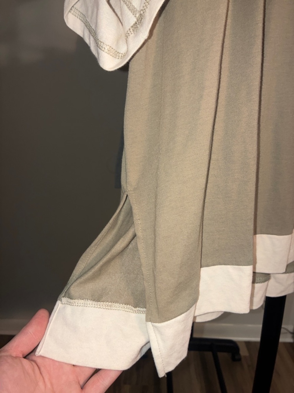 Relaxed Taupe/Green Short Sleeve Top with Orange Patchwork Accents - Picture 5 of 5